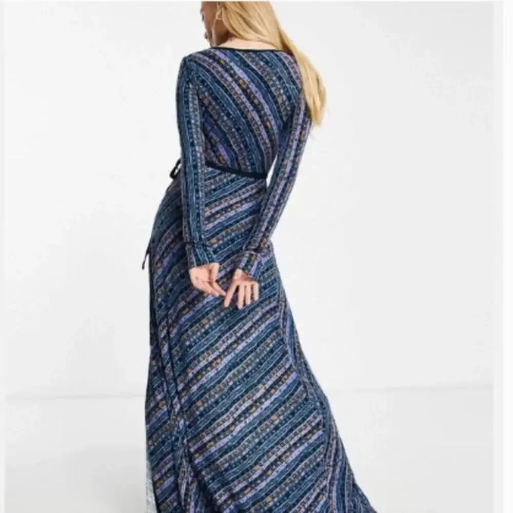 NEW Free People Phoebe Blue Combo Wrap Maxi Dress Small Luxe Statement Glam